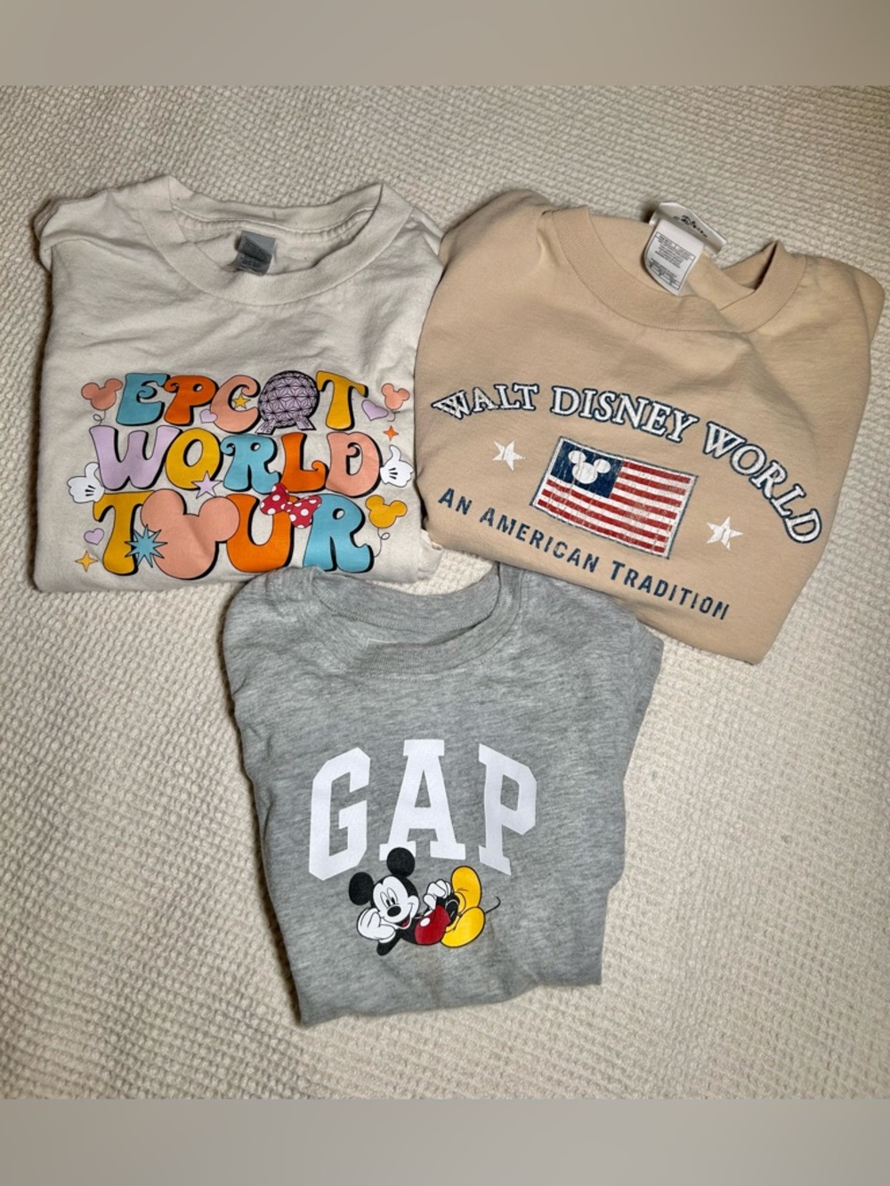 Disney World Lot of 3 Kid’s Shirts Sz 4, XS/5, S/7 Mickey Epcot Cotton GAP VTG